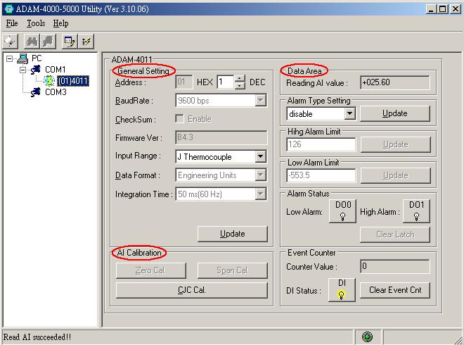 Configuration Click the searched module, which you would like to configure. You will find Setup page and related settings. An example is shown in Figure D.2 for an ADAM-4011 module.
