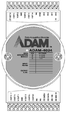 3.10.1 Application Wiring Figure 3.38 ADAM-4021 Analog Output Wiring Diagram 3.11 ADAM-4024 4-channel Analog Output Module ADAM-4024 is a 4-channel analog output module with mixed type I/O.