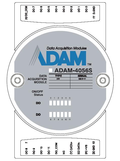 3.17 ADAM-4056S 12-channel Sink Type Isolated Digital Output Module ADAM-4056S is a 12-channel sink type isolated digital output module.