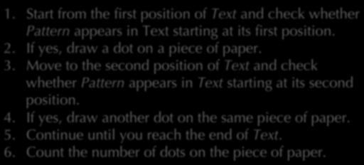 Recall: Counting Pattern in Text 1. Start from the first position of Text and check whether Pattern appears in Text starting at its first position. 2. If yes, draw a dot on a piece of paper. 3.