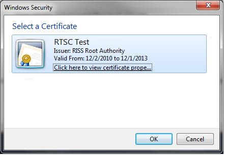 Select the appropriate certificate from the list (Sample 1.3a from Windows XP and Sample 1.3b from Windows 7). 6. Click OK. The RISSNET Terms of Use page will display (Sample 1.4) a.