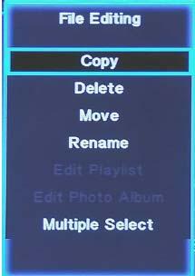 6.3 File edit When accessing a storage capacity press the music/green button to access the file editing function on the remote via the green button/ or music button.