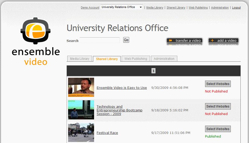 Shared Library Tab Ensemble Video s Shared Library Tab is where you will find video entries shared from other departments.