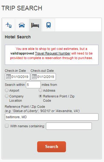3. Hotel Search for hotel estimates only. Click on the calendar icons to choose your check-in and check-out dates.