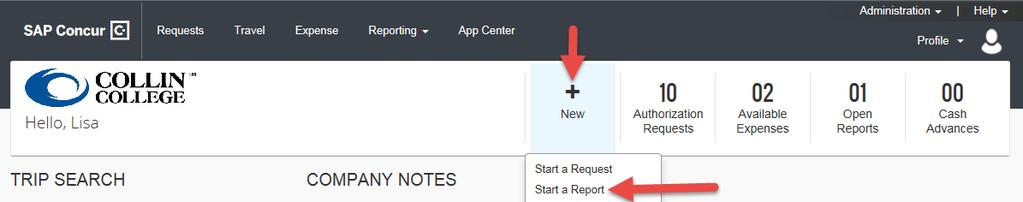 Creating a New Expense Report 1. Click on and select Start a Report. 2. Click on the Add button. Note: A list of available requests will appear as shown below. 3.