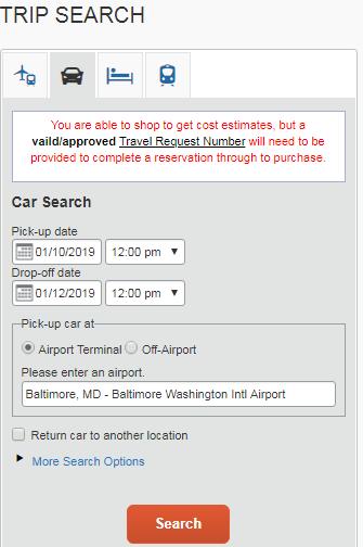Enter a location to pick-up or drop-off the rental car. Click on the More Search Options hyperlink to view more rental choices.