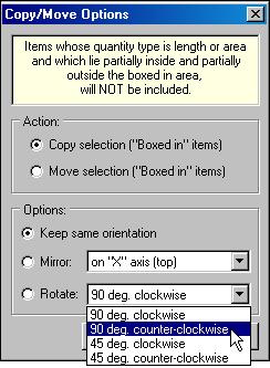 Rotate with Copy/Move When processing copy or move functions, AutoBid Mechanical, Release 2012 v1, allows you to rotate your items at 45º or 90º.