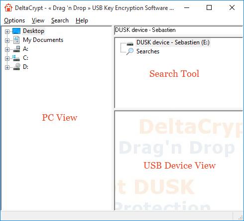 Interface The DUSK-USB window is divided into these: PC View USB Device View Search Tool PC View The left pane allows you to view all the files and drives of the computer to which your USB device is