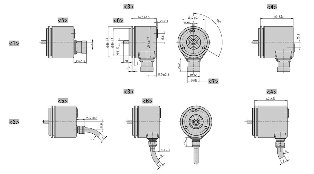 DIMENSIONED DRAWINGS Synchro flange "S" <1> Connection M23 (Conin) <2> Connection cable <3> Interface: BiSS, SSI, ST-Parallel <4> Interface: MT-Parallel (only with cable), Fieldbus, SSI-P <5> axial