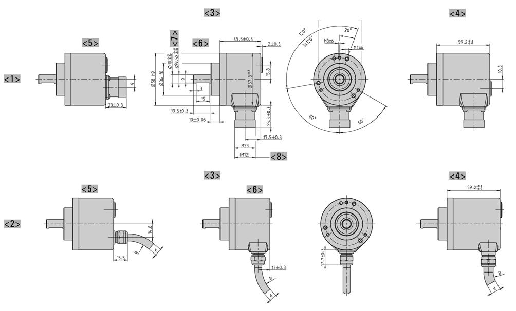 Clamping flange "K" <1> Connection M23 (Conin) <2> Connection cable <3> Interface: BiSS, SSI, ST-Parallel <4> Interface: MT-Parallel (only with cable), Fieldbus, SSI-P <5> axial <6> radial <7>