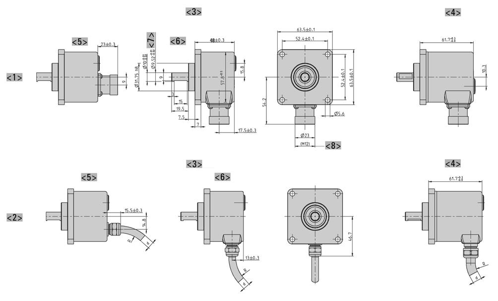 Square flange "Q" <1> Connection M23 (Conin) <2> Connection cable <3> Interface: BiSS, SSI, ST-Parallel <4> Interface: MT-Parallel (only with cable), Fieldbus, SSI-P <5> axial <6> radial <7>