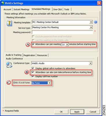 Setting Proxy Permissions Figure 6-4 Scheduled Mettings Settings 0 1 2 3 Click Apply to save your Scheduled Meeting settings. Go to the One-Click tab to verify your One-Click window preferences.