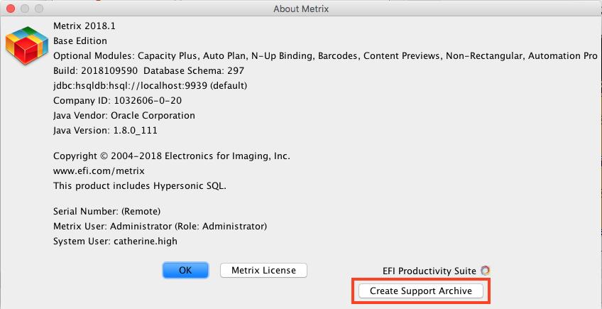 EFI Metrix 2018.1 What s New l 9 Support Archive Metrix now allows users to export a support archive that contains the open project, metrix.properties file, Metrix 2018.1.Properties file, and the database in a.