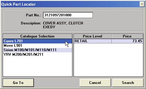 Selecting parts Use the Quick Part Locator The Quick Part Locator can be used to check the price of a known part number, and to view the catalogues to which the part number applies.