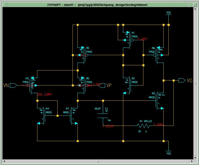 5.5 Transient Analysis End the simulation by clicking End Sim in the schematic_sim palette. Change the AC source to a sin source, refer to section 4. Frequency: 1Meg ampl: 1mV offset: 1.