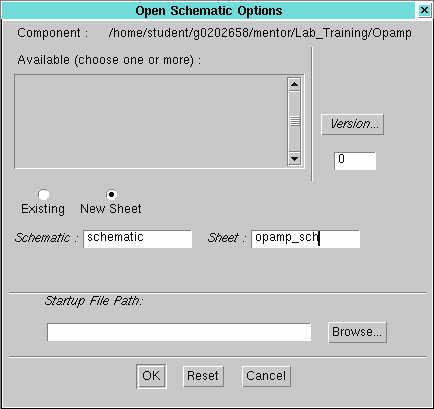2. Click Options, in the form that follows check New Sheet and fill in the Sheet field has opamp_sch as shown in Fig.2.3. Figure 2.