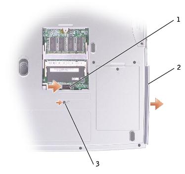 Memory, CD or DVD Drive, Modem, and Mini PCI Card: Dell Inspiron 1150 Service Manual 1 lever 2 CD or DVD drive 3 M2.5 x 8-mm screw labeled "O" 5. Pull the drive out of the bay.