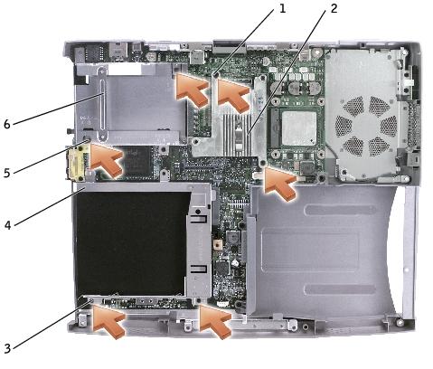System Board: Dell Inspiron 1150 Service Manual 1 M2.5 x 5-mm screws (2) 2 chipset heat sink 3 M2.5 x 5-mm screws (2) 4 optical drive cage 5 M2.5 x 5-mm screws (2) 6 hard drive cage 18.