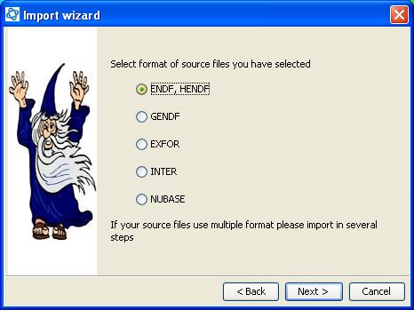 Figure 60: Import Wizard format page The third page presents a list of radio buttons to select the format of the data: ENDF, HENDF, GENDF, EXFOR, INTER or NUBASE. Simply check the corresponding one.