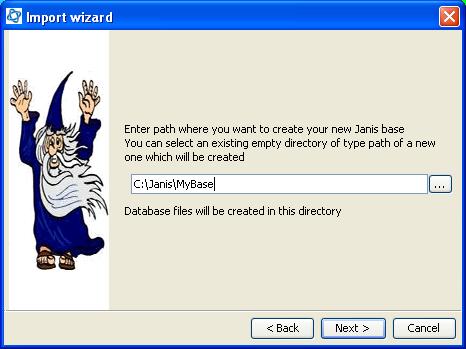 Figure 63: Import Wizard database path page The sixth page sets the target directory in which the databases files will be stored. You must choose a directory where you have write access.