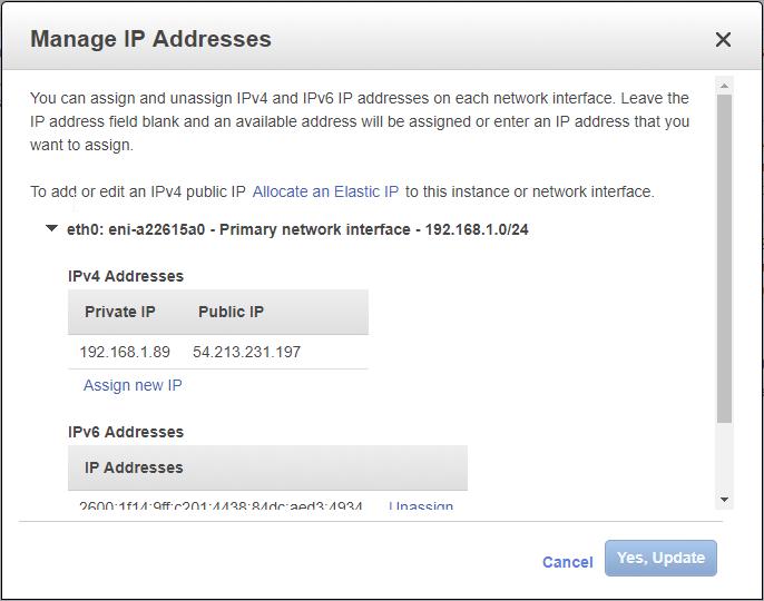 Notice the following: The IPv4 Private Address is 192.128.1.89 (assigned via DHCPv4 from the Subnet 1 /24 block). The IPv4 Public Address is 54.213.231.197.