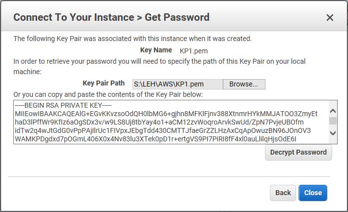 In the Connect to Your Instance form, click on Get Password.