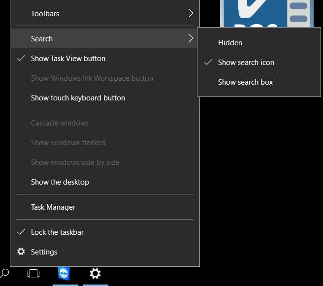Disable Search Disable Search, Touch Keyboard, Task View Disable readily accessible search functionality on the tablet by following these steps: 1. Right-click the task bar to bring up a menu. 2. 3.