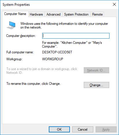 2. Navigate to My Computer > System > System Properties > Computer Name, and select "Change".