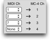 Because of note range constraints on the MC-4, note values lower than C2 (note number 36) in the MIDI file will be mapped to C2 (note number 0) on the MC-4.