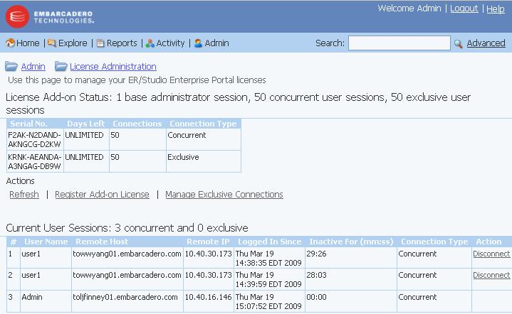 LICENSING ER/STUDIO ENTERPRISE PORTAL Managing Licenses The elements of the License Administration page are explained below: 1 2 3 4 1 Displays the license Add-on Status that indicates how many user
