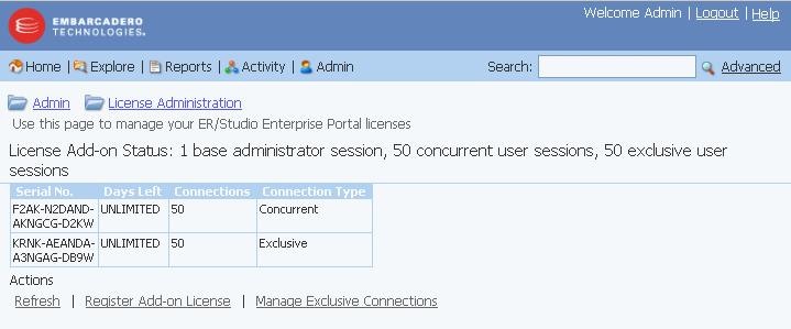 LICENSING ER/STUDIO ENTERPRISE PORTAL Requesting an Evaluation License The product is shipped with a base license that allows one administrator connection with no expiration date.