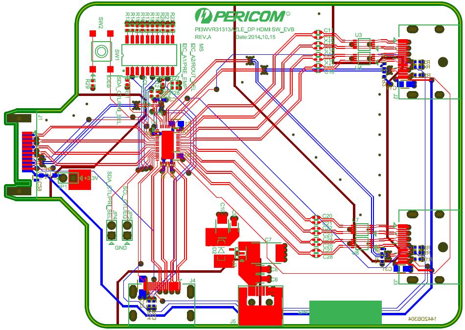 Figure 2: Layout of PI3WVR31313A Demo Board Rev.A 3 Quick Start To start-up the PI3WVR31313A demo board rev.a, complete the following steps: 1. Short header pins JP1 to allow 3.