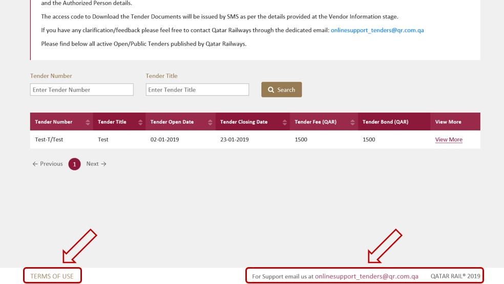 1. The User can view Qatar Rail Terms of Use at the footer of the web page. 2.