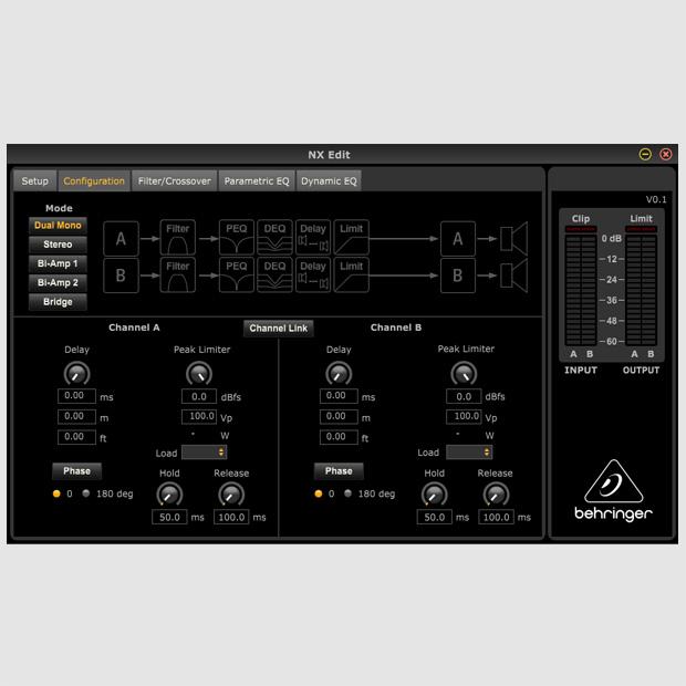 DSP section features sophisticated delay, crossover (3 filter types, up to 48 db/octave), EQ (8 parametric, 2 dynamic), dynamics processing and lockable security settings.