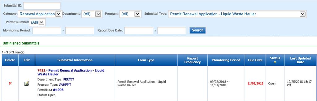 Use the search criteria to locate the Permit Renewal Application for Liquid Waste Haulers that was previously started.