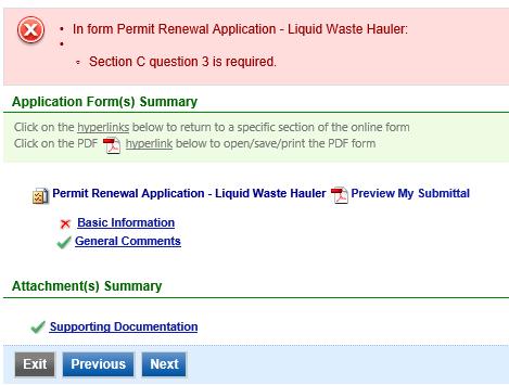 3. Validation The Permit Renewal Application must pass the system validation before submission. A red X indicates that this section of the form did not pass the validation.