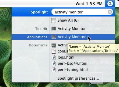 Click the Spotlight icon in the upper right corner of the desktop, and then search for and open the activity monitor, as shown in Figure 10.
