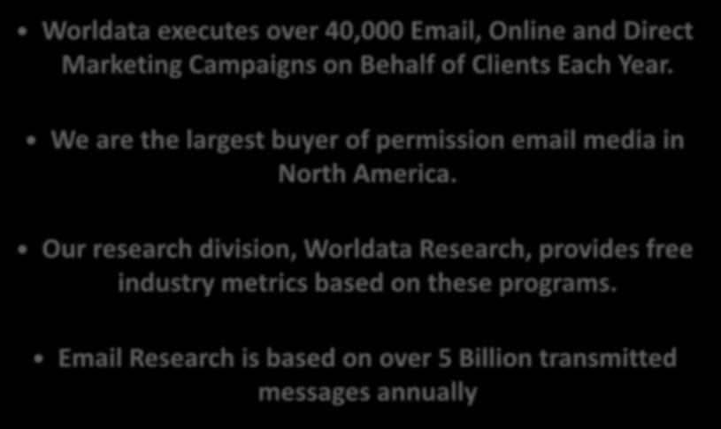 RESEARCH INFORMATION Worldata executes over 40,000 Email, Online and Direct Marketing Campaigns on Behalf of Clients Each Year.