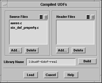 1. Compile the UDF. Define User-Defined Functions Compiled... (a) Under Source Files, click Add... (b) In the Select File panel, select the source files, aneos.c and six dof property.