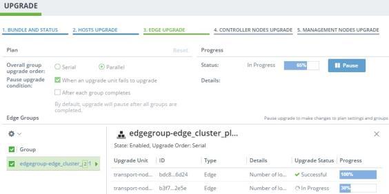 You can pause the upgrade to configure the Edge group that is not upgraded and restart the upgrade. When the upgrade finishes, the status of each Edge group appears as successful or failed.