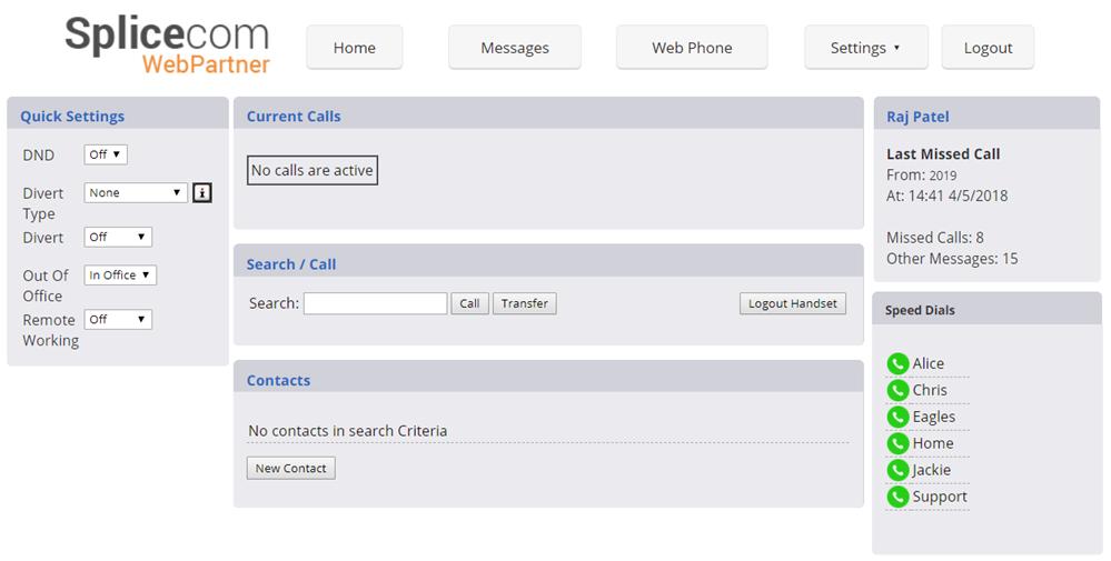 The Home page will now present the Speed Dials, Current Calls, Search/Call and Contacts panes. To view your calls history, when the Web Phone page is set as your home page, select the Messages button.