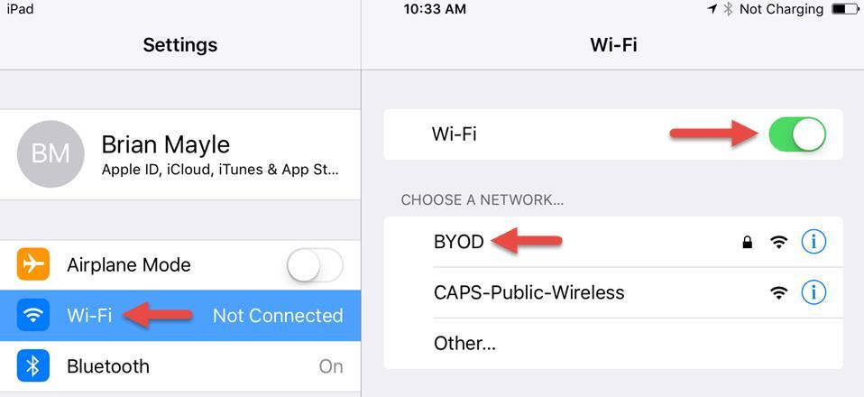 First open the settings App Select the BYOD wireless network In the ipad Settings menu Click WiFi.