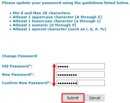 2. First enter your old password, then (following the guidelines) enter and confirm your new password and click the Submit button.