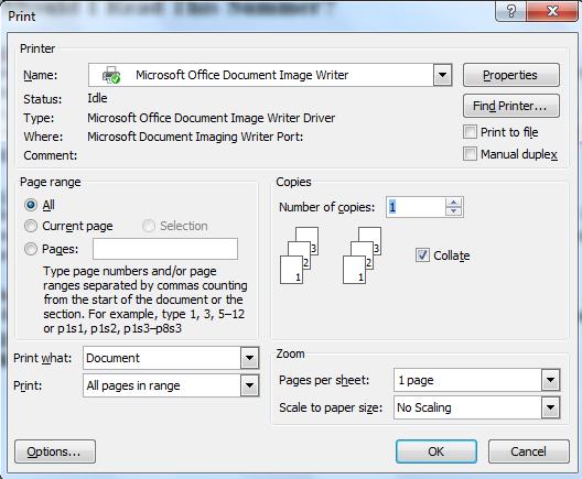 This prints one copy of your file using the default settings.
