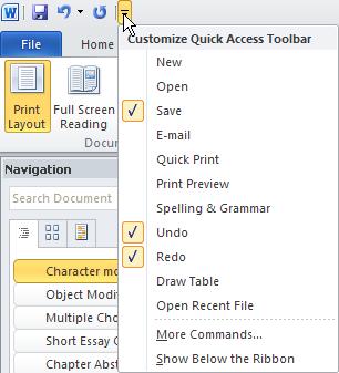 The Quick Access Toolbar appears at the top of the Word window and provides you with one-click shortcuts to commonly used functions.
