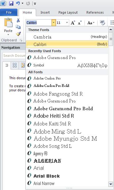 3. Use the scroll bar or the down arrow to scroll down the list of fonts. 4. Select the desired font to change the font of text. 5.