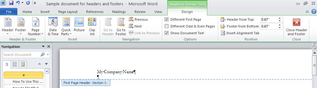 Use the following procedure to add page numbers to the even pages of the document. 1. Select the Go to Footer tool in the Ribbon. 2.