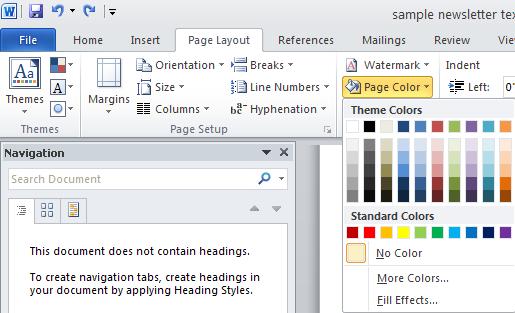 Changing the Page Color The Page Color tool on the Page Layout tab of the Ribbon applies shading to background of the entire document.