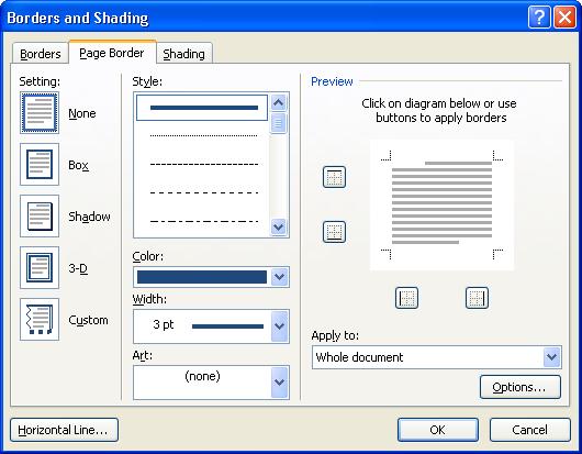 Adding a Page Border The Page Borders tab of the Borders and Shading dialog box allows you to set borders for the page.