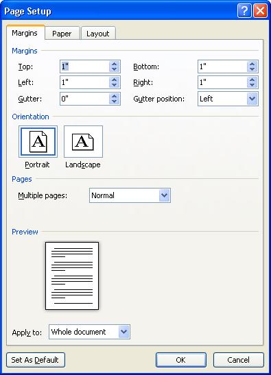 The Margins tab control the page margins, the page orientation, and how to